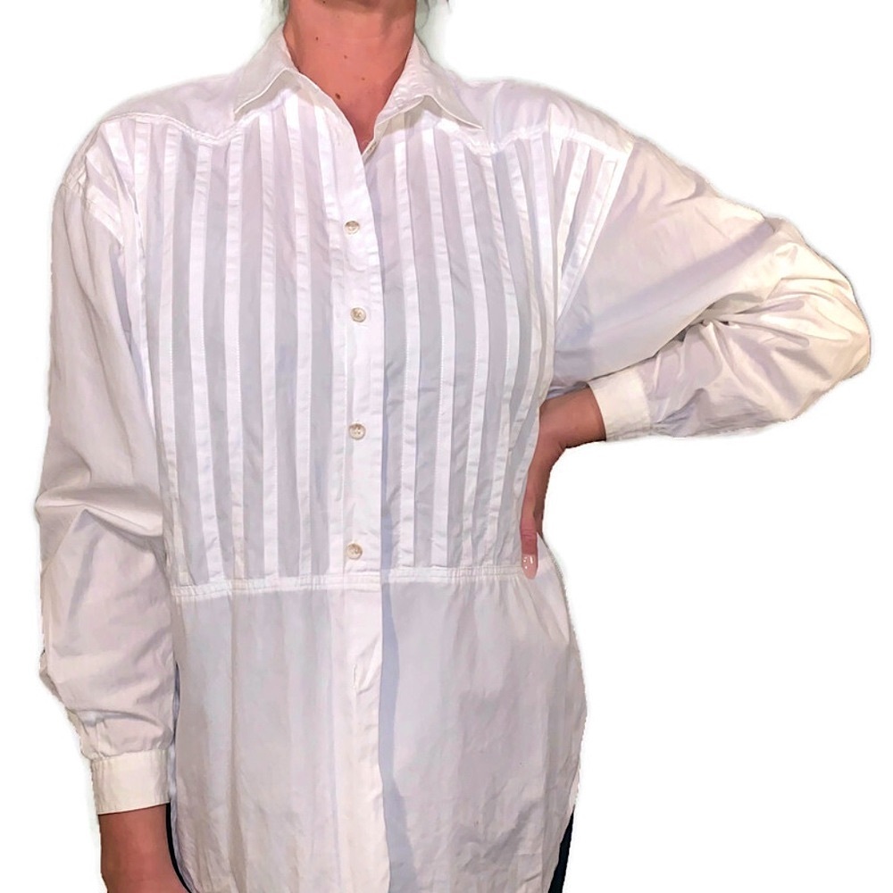vintage white button down shirt / liz claiborne pleated long sleeve blouse / M - Picture 3 of 5